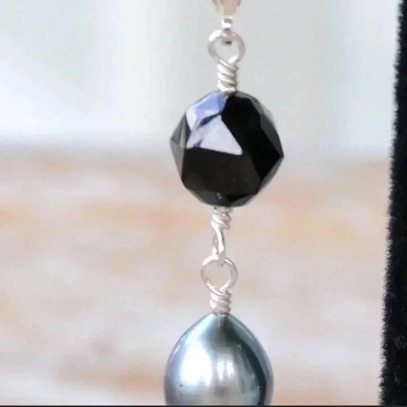 Black Gemstone Earrings, Black Spinel Dangles,Peacock Color Pearls, Black Pearls - Picture 3 of 5